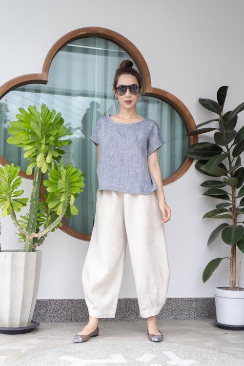 Natural Linen Balloon Pants with Button Details at the Leg - Natural Color