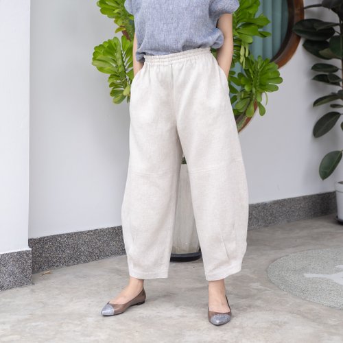 Natural Linen Balloon Pants with Button Details at the Leg - Natural Color