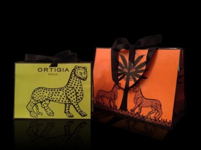 Ortigia Wild and Unrestrained Leopard Print Design Black Ribbon Handheld Gift Bag/Lime Green (Medium) - วัสดุห่อของขวัญ - กระดาษ 