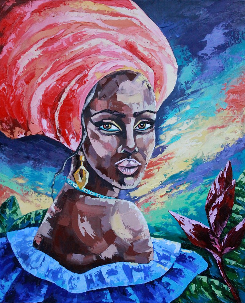 African Woman Painting Black Original Art Africa Wall Art Impasto Artwork Oi - โปสเตอร์ - วัสดุอื่นๆ สีน้ำเงิน
