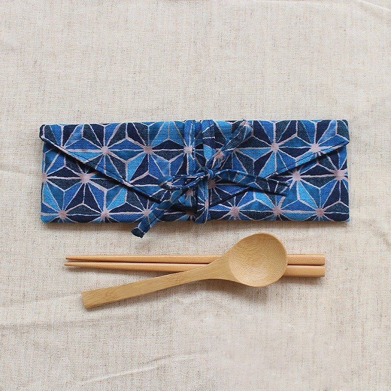 和式萬花筒橫式環保筷套/收納袋 - 筷子/筷架 - 棉．麻 藍色