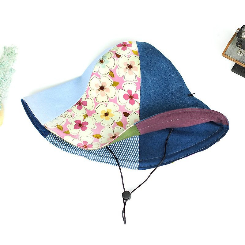 Maverick Village handmade double-sided hat big hat 檐 visor big flower [Pink flower] HB-28 - หมวก - ผ้าฝ้าย/ผ้าลินิน สึชมพู