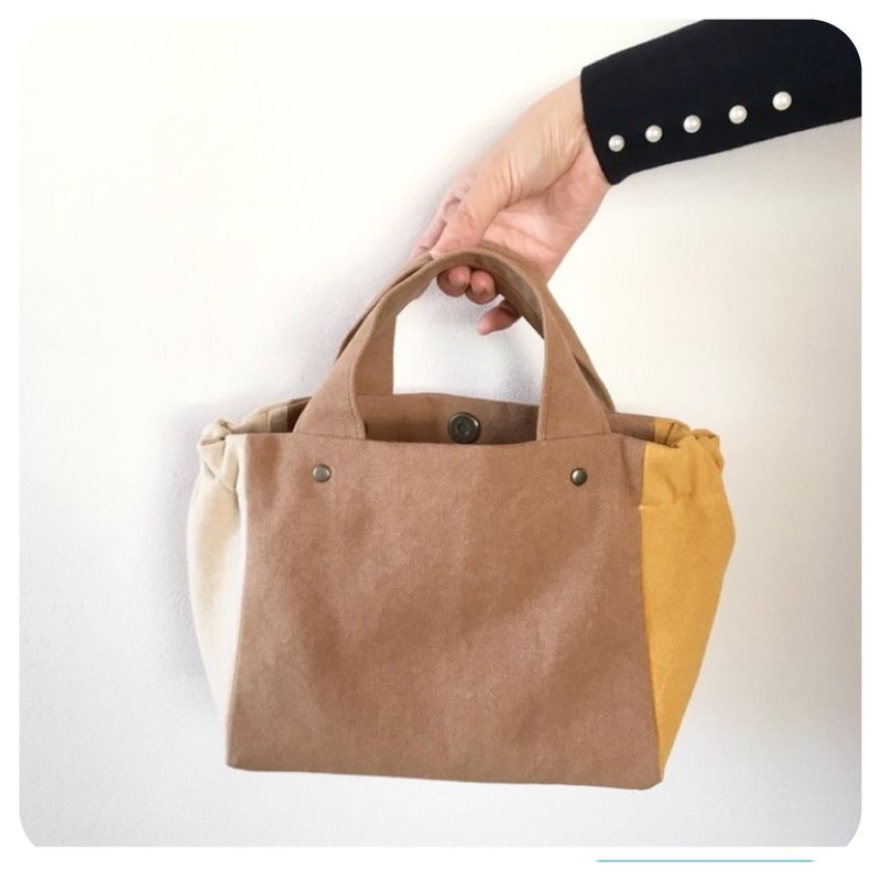 Gathered Tote Bag　Mini　canvas   Color block Dark Beige Ivory Mustard Yellow - Handbags & Totes - Cotton & Hemp Multicolor