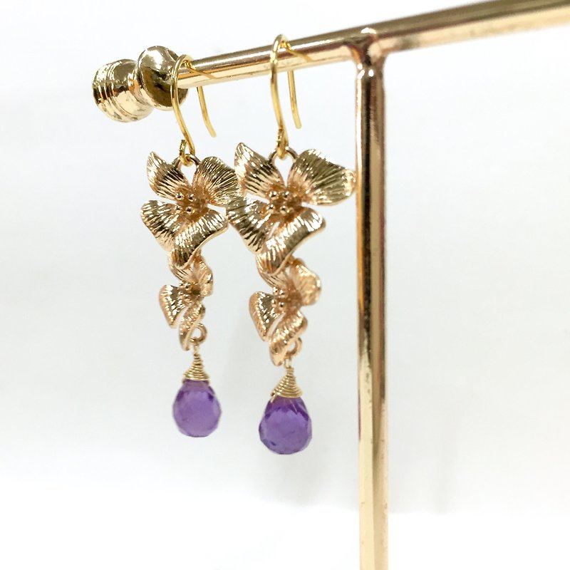 [Ruosang] [Bright] Purple hyacinth. Minimalist winding. 18KGP. Amethyst earrings. Japanese agete style. Suitable for earrings/ear hooks/ Clip-On/no pierced ears. - ต่างหู - เครื่องเพชรพลอย สีม่วง