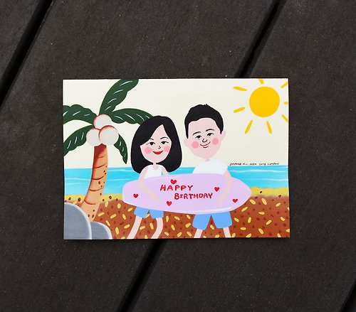 Daphne H.C. Shen 夏天海邊風格 客製化情侶畫像-2人 生日/全家福/新娘/父親節/紀念