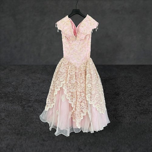 蘿綺莉蕾芭索 網紗 拼接 蕾絲 披肩設計 手工訂製 禮服 古董 洋裝 PMF17