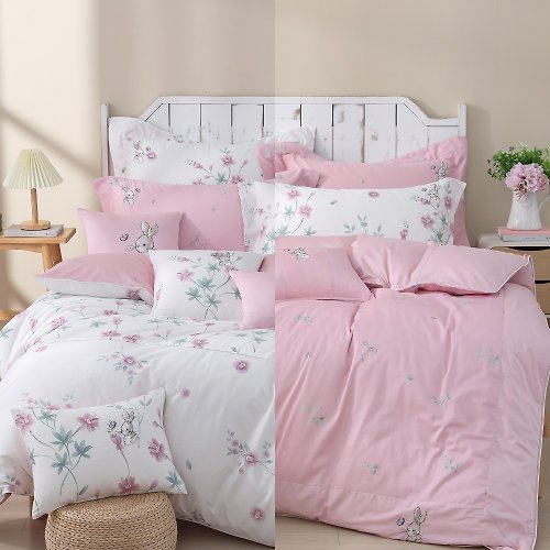 家適居家寢飾生活館 床包+枕套組-100%精梳棉-迷路小花兔-兩色-台灣製造