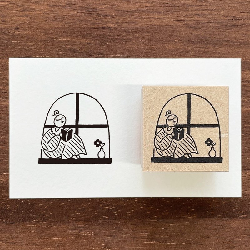 Marl-chan illustration stamp reading by the window rubber stamp girl made in Japan a-132 - Stamps & Stamp Pads - Wood 