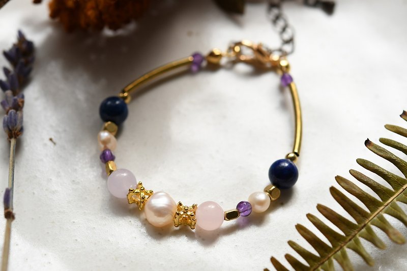 LUCKY PINK │ natural agate pearl candy X X X lapis lazuli and amethyst bracelet Bronze │ - สร้อยข้อมือ - ทองแดงทองเหลือง สึชมพู
