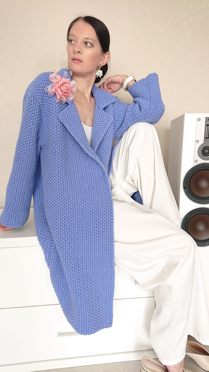 Textured sweater jacket Wool loose knitted cardigan Double breasted lapel coat - 女毛衣/針織衫 - 羊毛 