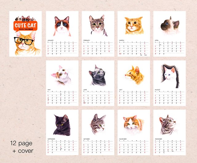 Cute Cat - 2024 Watercolor Wall Calendar, Christmas Gift, f6 - Shop IGREAN  Calendars - Pinkoi
