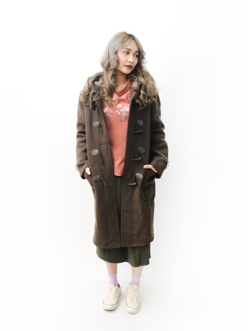 [RE1115C446] autumn and winter college wind vintage hooded brown plaid vintage wool button coat coat - เสื้อฮู้ด - ขนแกะ สีนำ้ตาล