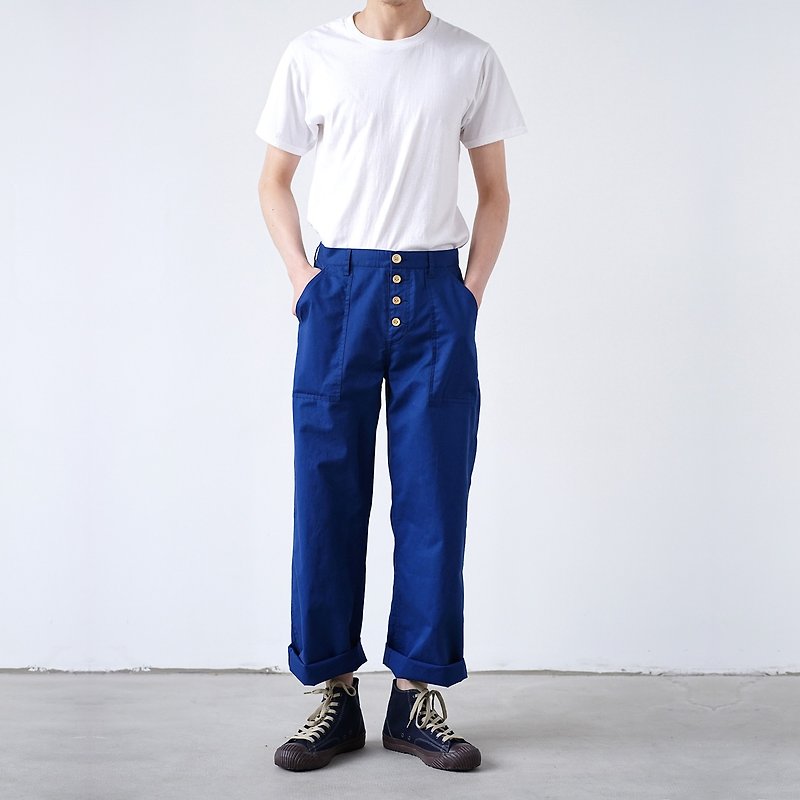 Klein Blue Retro Thin Army Pants - กางเกงขายาว - ผ้าฝ้าย/ผ้าลินิน สีน้ำเงิน