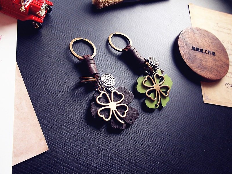 Genuine Leather Keychains - Black Elk_ Clover key ring* a mix of two-tone wood and leather
