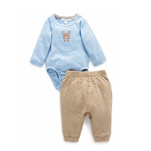 Purebaby有機棉 澳洲Purebaby有機棉嬰兒包屁衣褲套裝/新生兒 連身衣 藍色兔
