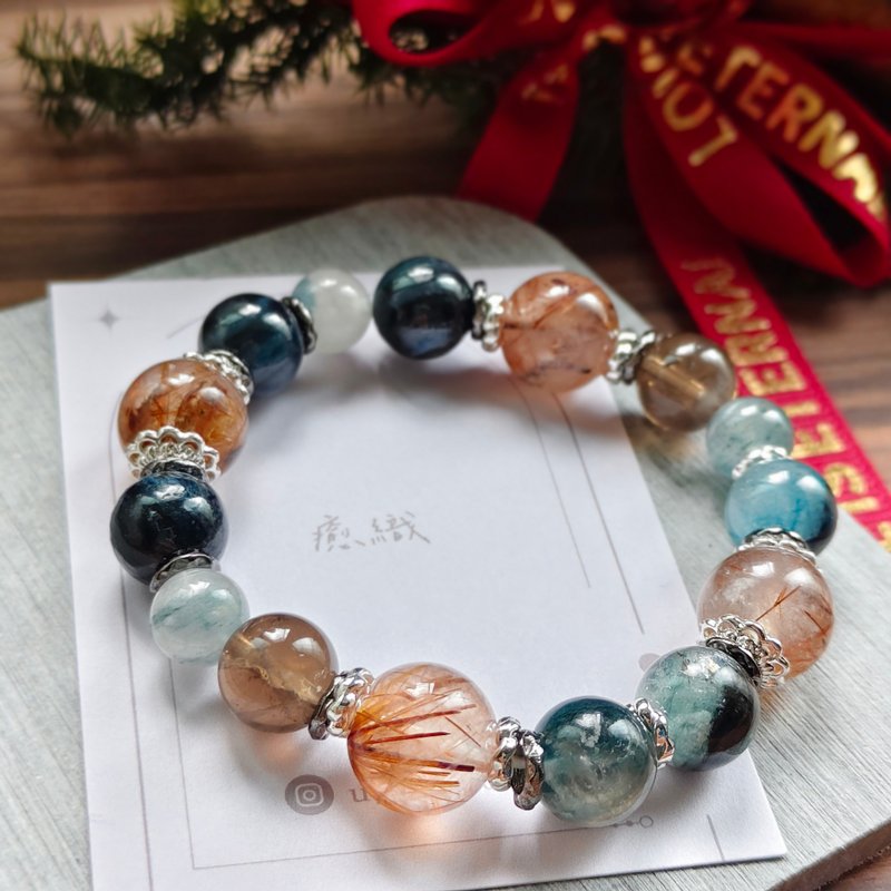 [Garnet Rutilated Quartz x Aquamarine x Smoky Quartz x Blue Rabbit Hair Quartz Crystal Bracelet] - All-Round Healing & Luck Enhancement - Bracelets - Crystal Brown