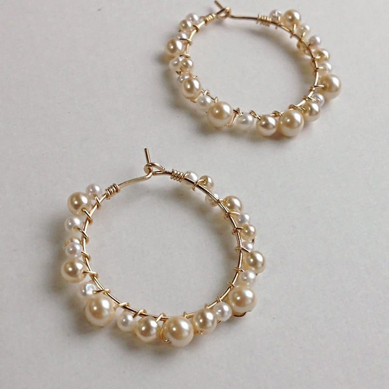14 kgf freshwater pearl AAA  vintage glass pearl hoop earring耳針 - ピアス・イヤリング - 宝石 ホワイト