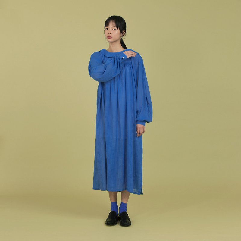 tan tan / 淺藍翻領條紋洋裝 - 連身裙 - 棉．麻 藍色