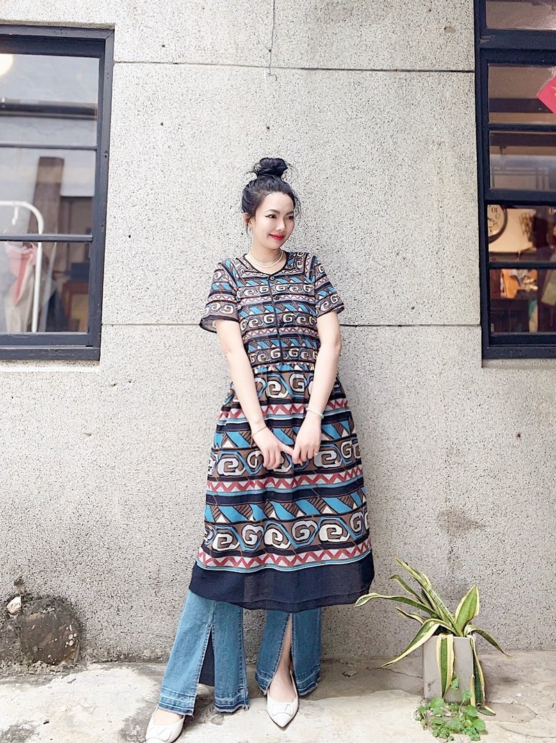 民俗天水藍透膚純黑滾邊滿版圖騰 長裙洋裝連身裙古著ドレスDress - 洋裝/連身裙 - 聚酯纖維 多色