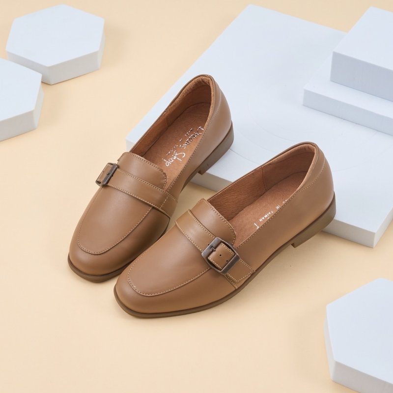 Interview at work_Simple belt buckle square toe loafers Brown - รองเท้าอ็อกฟอร์ดผู้หญิง - หนังแท้ สีนำ้ตาล