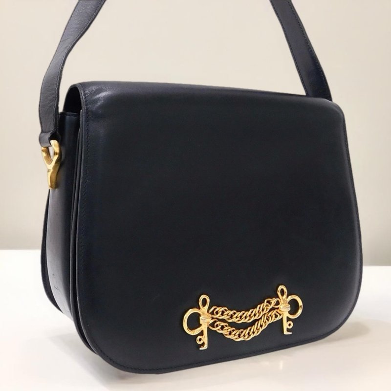 Rare second-hand Celine double gold chain saddle black leather small bag single shoulder side crossbody handbag - กระเป๋าแมสเซนเจอร์ - หนังแท้ สีดำ