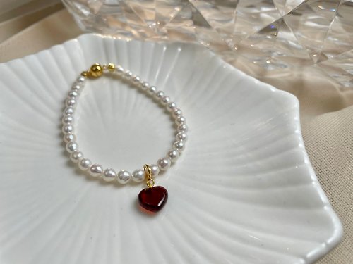 Athena珍珠設計 紅桃心 天然淡水珍珠 櫻花粉 Baby珠 手鏈