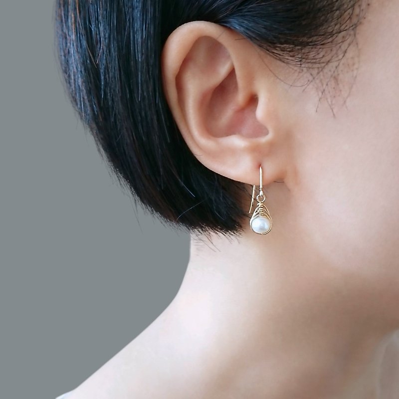 Small Freshwater Pearl Herringbone Wire Wrapped Charm 14K GF Dangle Earrings - Earrings & Clip-ons - Pearl White