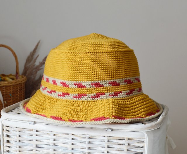 Crochet bucket hat women men embroidery Custom knit mustard