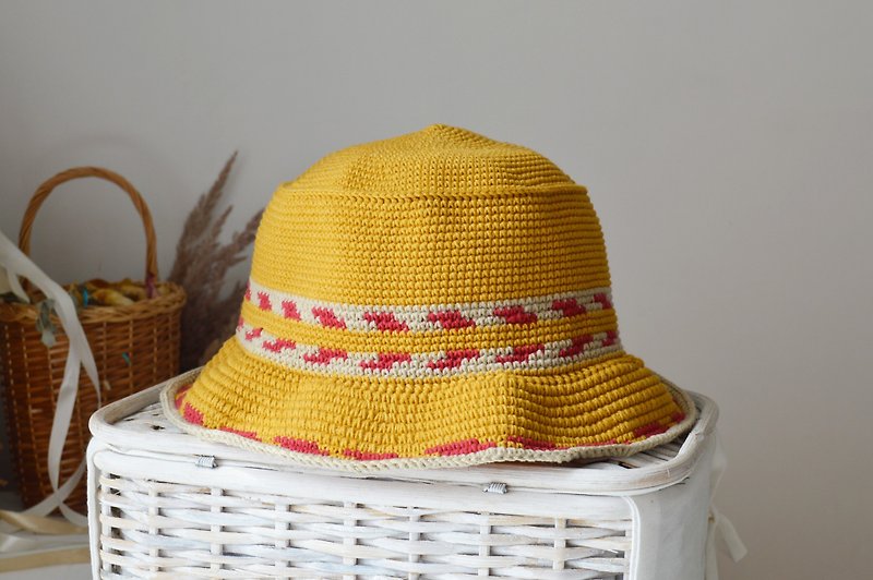 Crochet bucket hat women men embroidery Custom knit mustard fisherman hat - 帽子 - 棉．麻 橘色