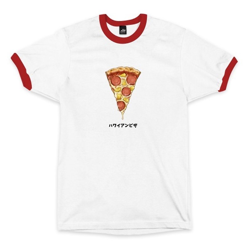 夏威夷披薩 - 滾邊白紅 - 中性版T恤 - 男 T 恤 - 棉．麻 白色