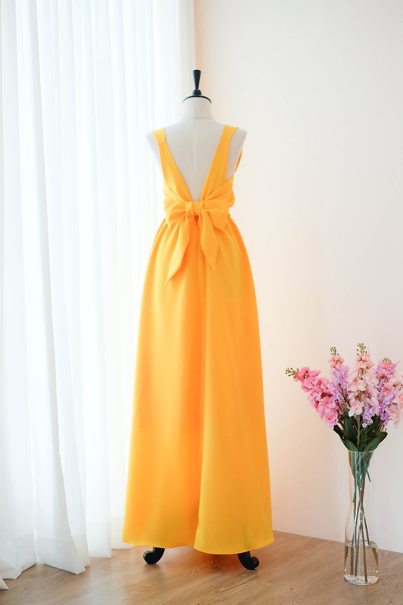 Hot Yellow Dress Bridesmaid backless party Cocktail dress - ชุดราตรี - เส้นใยสังเคราะห์ สีเหลือง