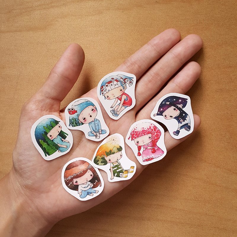 {139} girl of sit，watercolor stickers // small // - Stickers - Paper Multicolor