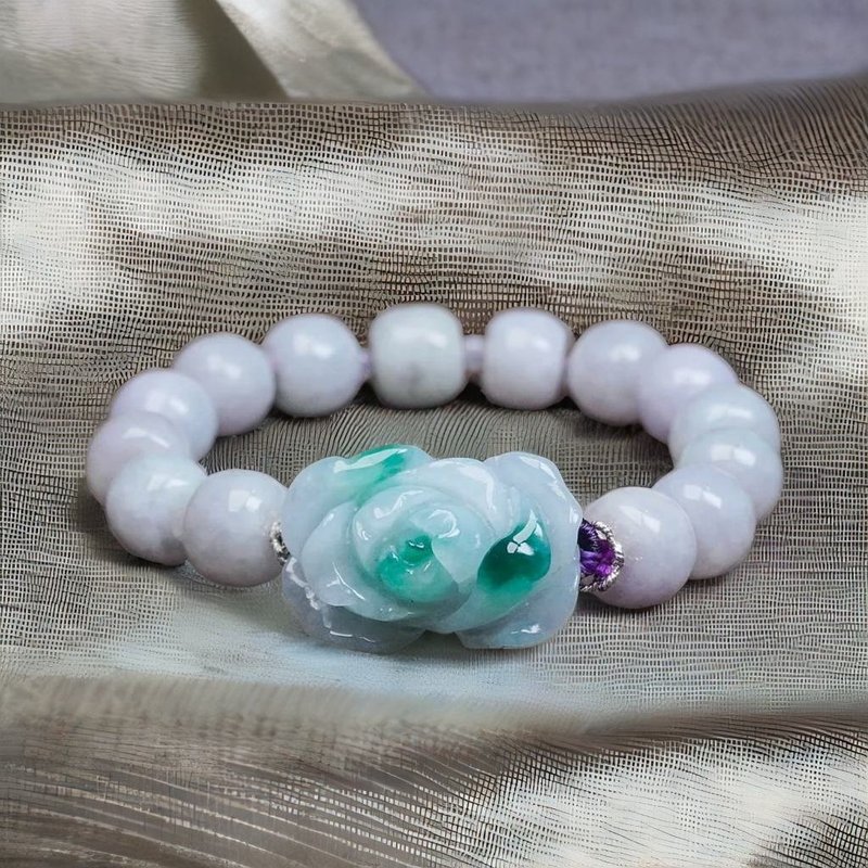 飄綠花翡翠牡丹花手鍊 | 天然緬甸玉翡翠A貨 | 送禮 - 手鍊/手環 - 玉石 透明