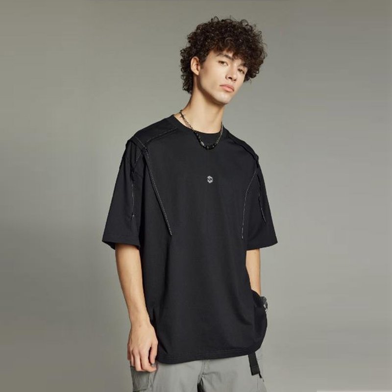 裁魂系列不规则裁剪飘带上衣暗黑寬鬆短袖T卹 - 男 T 恤 - 棉．麻 綠色