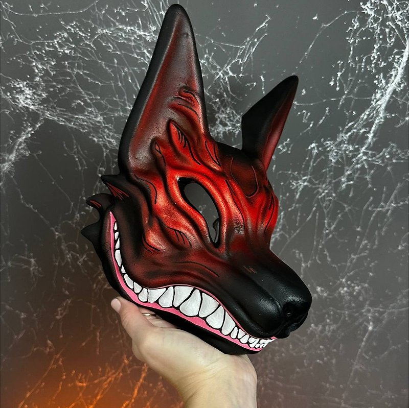 Red Kitsune mask Wearable, Black and Red fox mask, Japanese Kitsune mask Cosplay - Face Masks - Resin Red