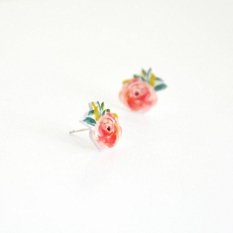 Hand-painted flowers earrings sweet romantic pink heart girl gift - Earrings & Clip-ons - Plastic Pink
