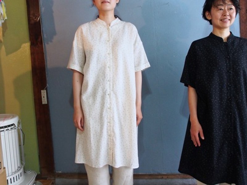 Manganese Kasuri Polka Dot Shirt Dress Ivory 8812-4008-92 - One Piece Dresses - Cotton & Hemp 