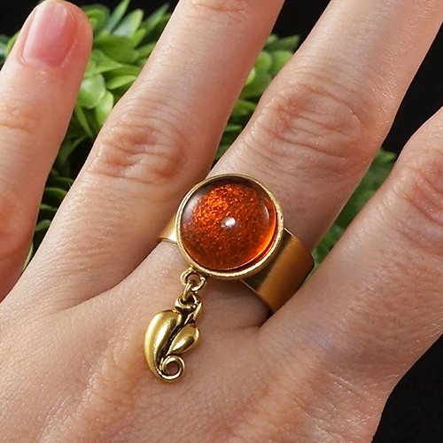 AGATIX Orange Fire Red Glass Adjustable Ring Golden Leaf Charm Ring Woman Jewelry Gift