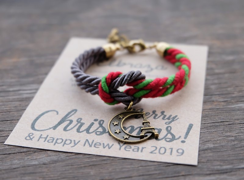 Red-green / charcoal knot rope bracelet with moon Eiffel - Christmas bracelet - 手鍊/手鐲 - 其他材質 多色