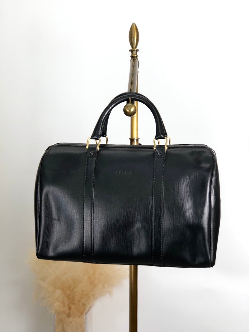 【 日本直送　名牌中古包 】CELINE セリーヌ ハンドバッグ ブラック ロゴ型押し レザー ボストンバッグ vintage ヴィンテージ uacki2 - 手提包/手提袋 - 真皮 黑色