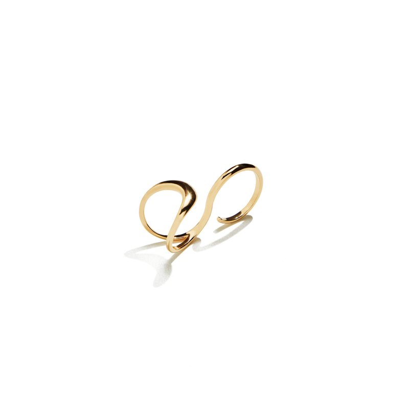 Simple Streamline Double Finger Ring 925 Silver Thick Plated 18K Gold Hoofer 2 Finger Ring - แหวนทั่วไป - เงินแท้ สีทอง