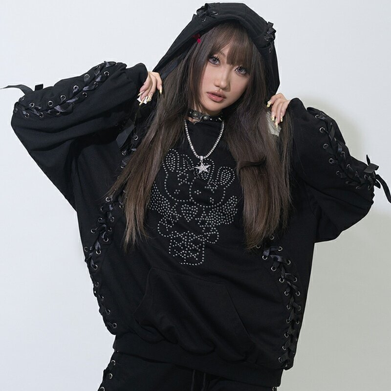 Nightmare Rabbit Multi-Strap Bow OVERSIZE Long/Short Sleeve Hoodie T-Shirt ACDC RAG Taiwan JA0775 - เสื้อฮู้ด - เส้นใยสังเคราะห์ 