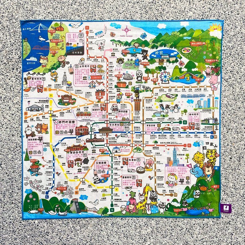 Take a light trip to Taipei / Seventh Generation Taipei Food, Drink and Fun MRT Map Handkerchief / Cotton Made in Taiwan - Handkerchiefs & Pocket Squares - Cotton & Hemp 