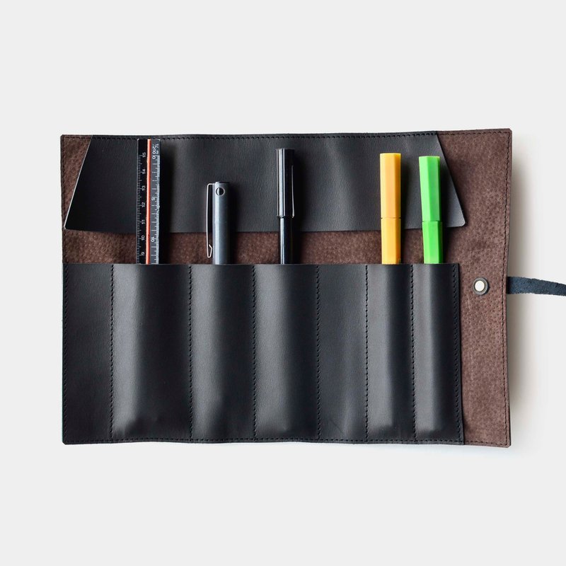 [Seaweed Sushi] Cowhide pencil case leather pencil case tool bag pen scroll custom lettering - Pencil Cases - Genuine Leather Black