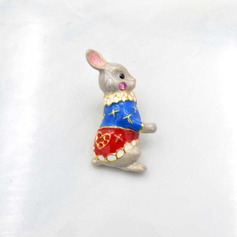 TIMBEE LO noble rabbit earl Bronze needle heart mouth needle small neck ring enamel enamel hand-painted - Badges & Pins - Other Metals Blue