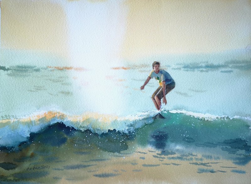 Surfer flying on the crest of a wave - Original watercolor painting - ตกแต่งผนัง - กระดาษ สีน้ำเงิน