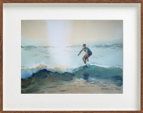 波頭の上を飛ぶサーファー – オリジナルの水彩画 - ショップ