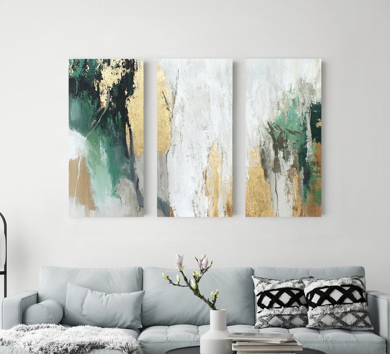 Green abstract painting | Triptych wall art abstract | Green Avalanche Triptych - 壁貼/牆壁裝飾 - 棉．麻 綠色