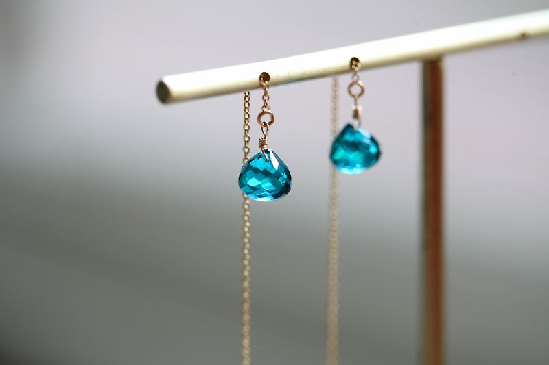 Peacock blue quartz Stone ear chain │ very beautiful natural stone blue water droplets 14kgf birthday gift - Earrings & Clip-ons - Gemstone Blue