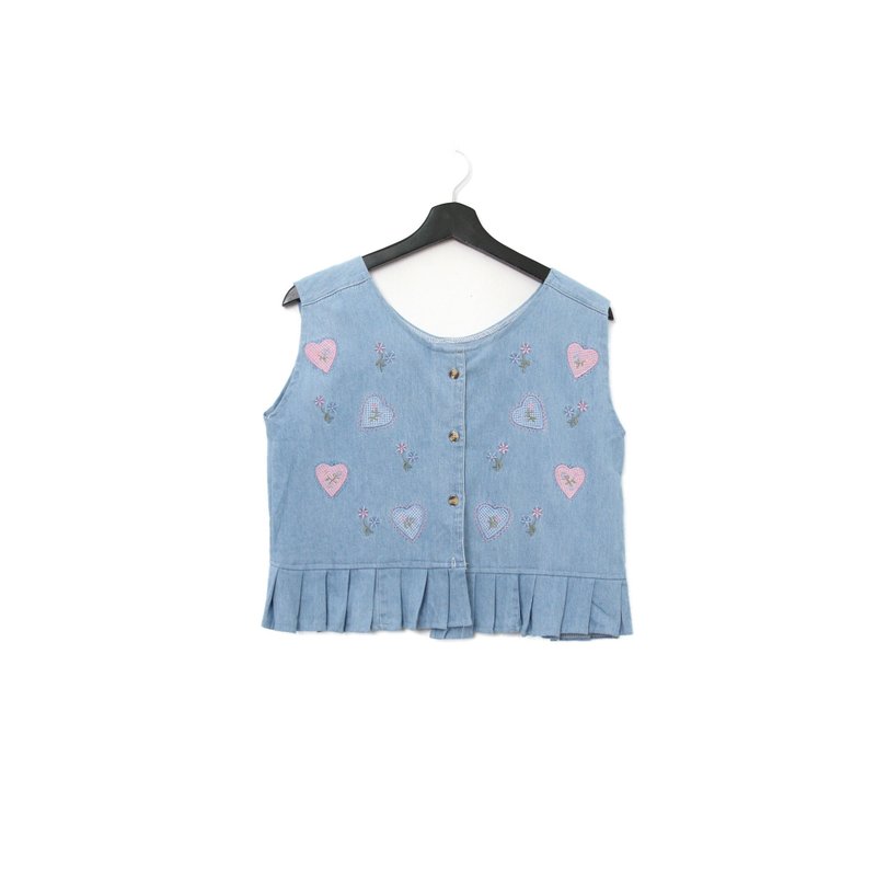 Back to Green-丹寧刺繡背心 粉愛心 花朵 dv-01// vintage vest - 背心/無袖上衣 - 棉．麻 